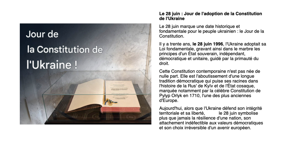 Le 28 juin : Jour de l'adoption de la Constitution de l'Ukraine 